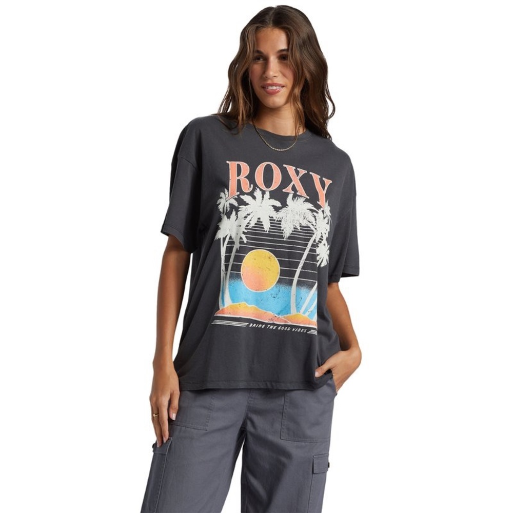 Roxy Charcoal Graphic Tee with Coral, Yellow & Blue Print